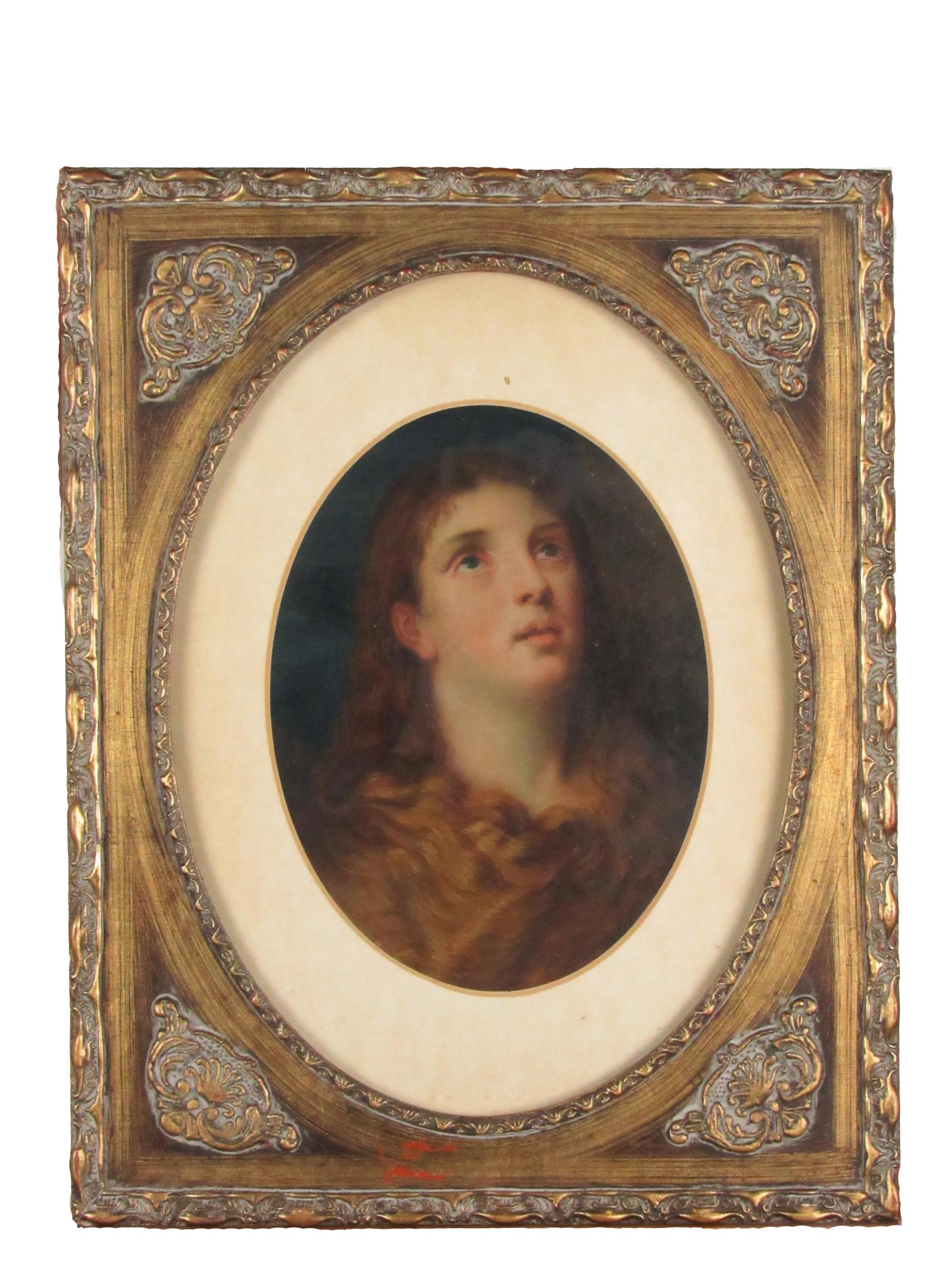 19th Century Italian School "Mary Magdalen," O.O.B., oval, label on reverse "Flor & Findel,