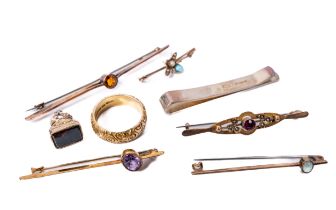 A 9ct gold Tie Pin, with centre orange coloured stone; a 9ct gold Tiepin with opal stone; a 9ct gold