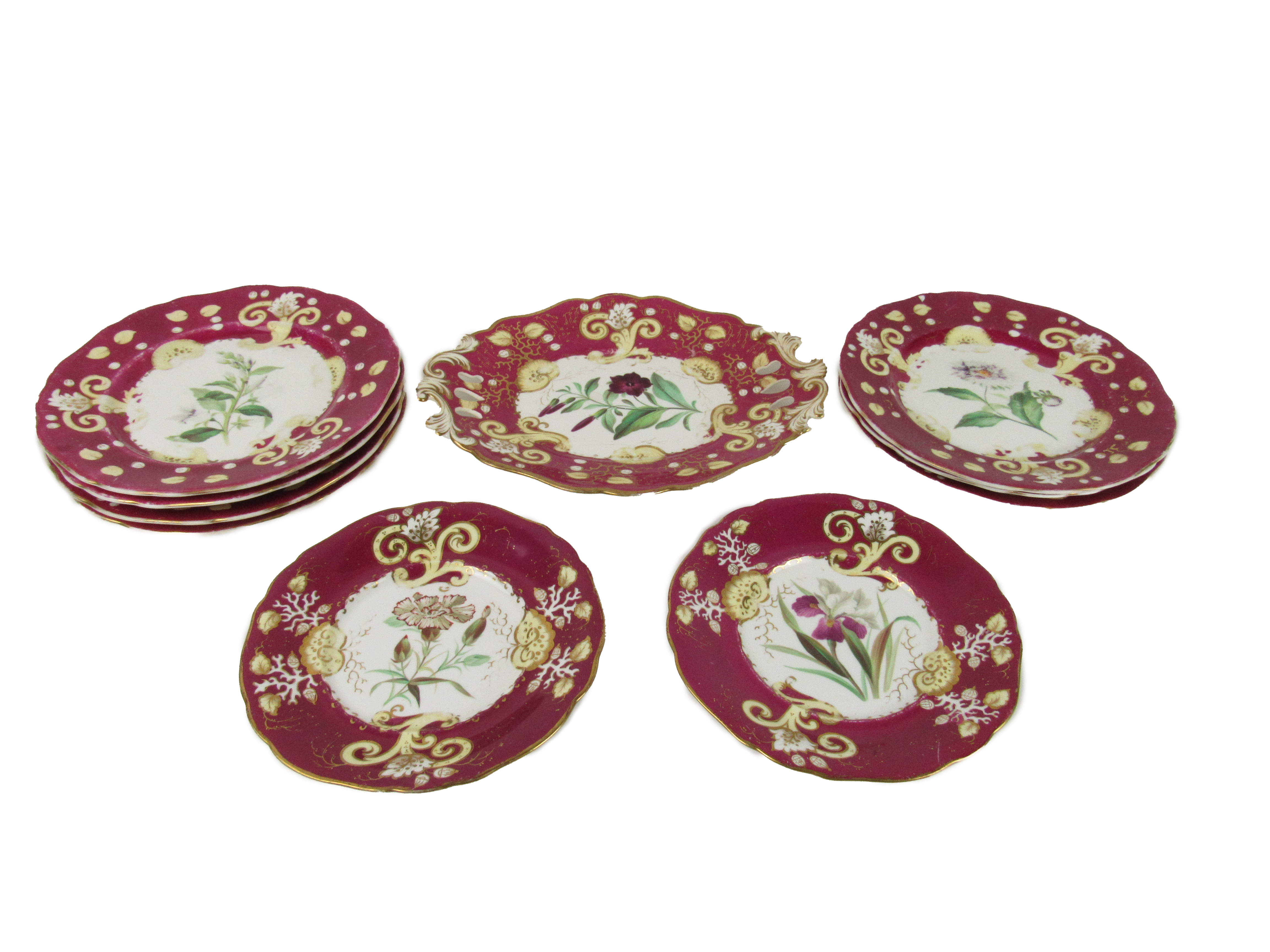 A 19th Century 10 piece Dessert Service, with gilt and floral decorated body and deep pink