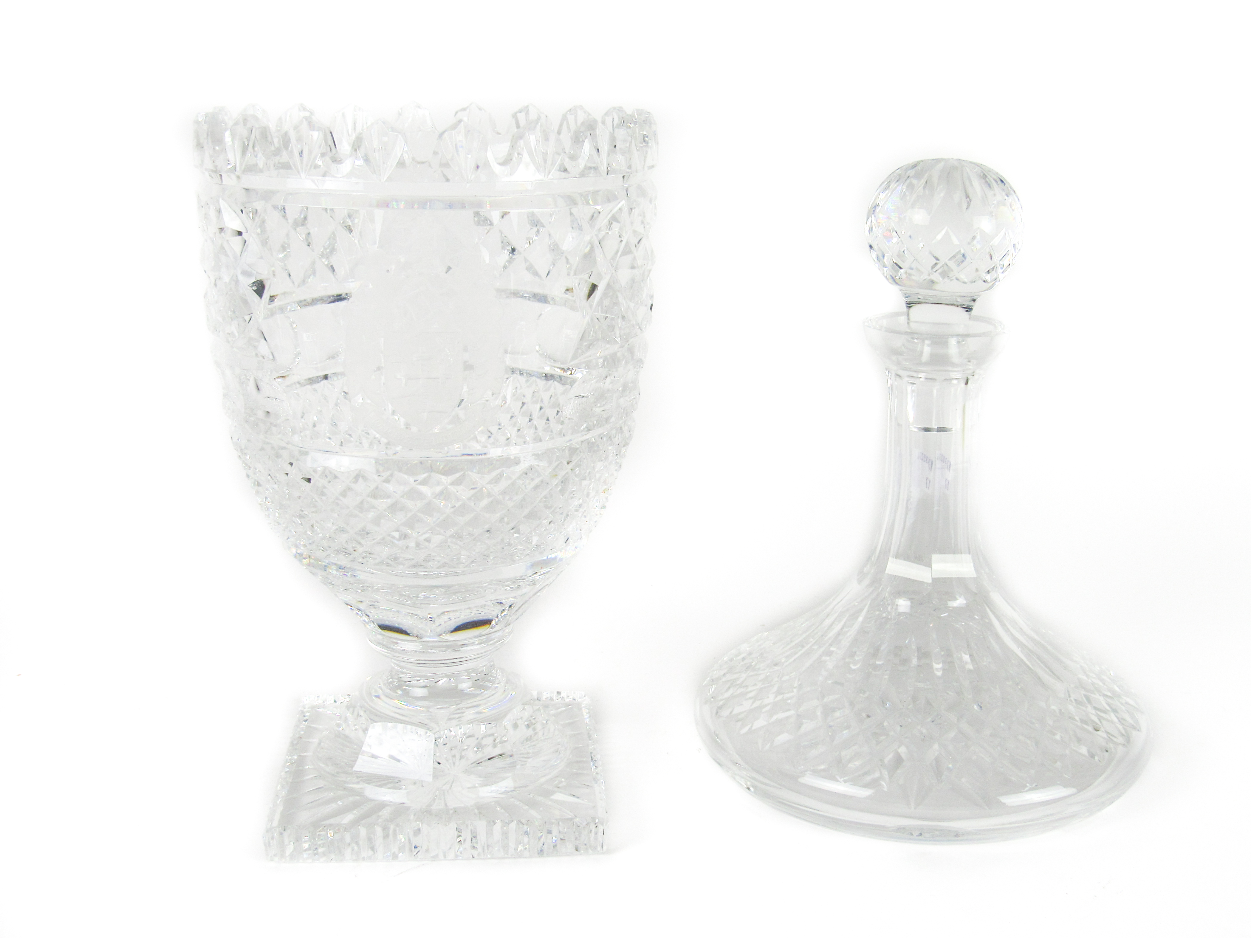 A Waterford cutglass Celery Vase, crested with etched coat of arms 'Honos et Fidelitas,' on a