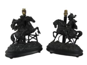 A pair of 19th Century Spelter Table Lights, each with a nobleman on horseback, in battle positions,
