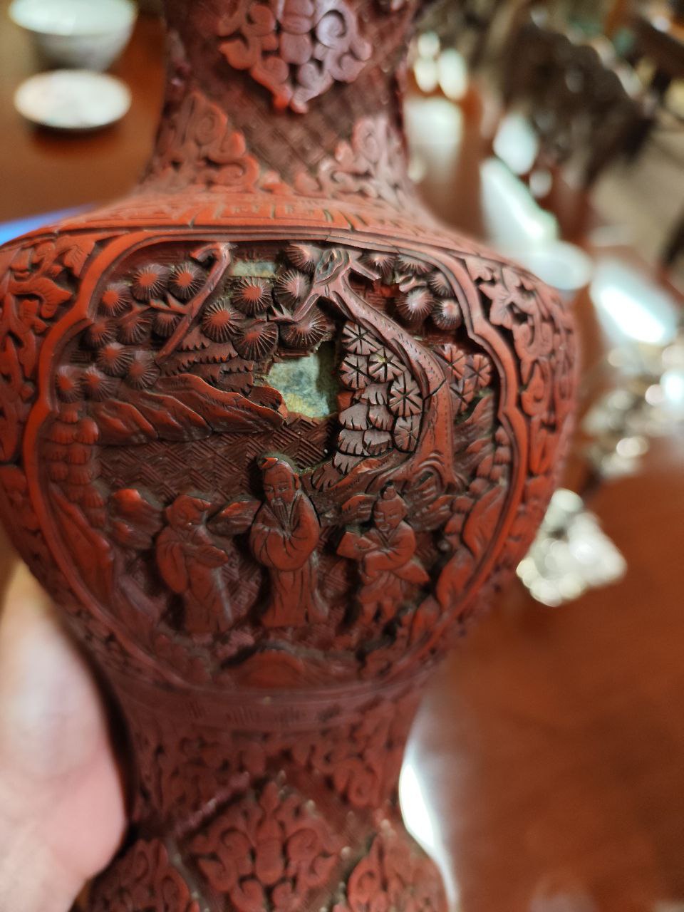 A pair of 19th Century Chinese cinnabar baluster shaped Vases, with landscape and figural panels, - Image 2 of 10