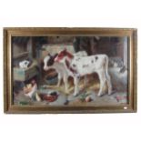 In the Manner of Edgar Hunt British (1876-1953) "Farmyard Scene with calves, poultry and dog