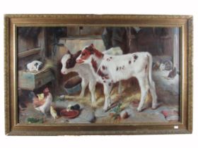 In the Manner of Edgar Hunt British (1876-1953) "Farmyard Scene with calves, poultry and dog