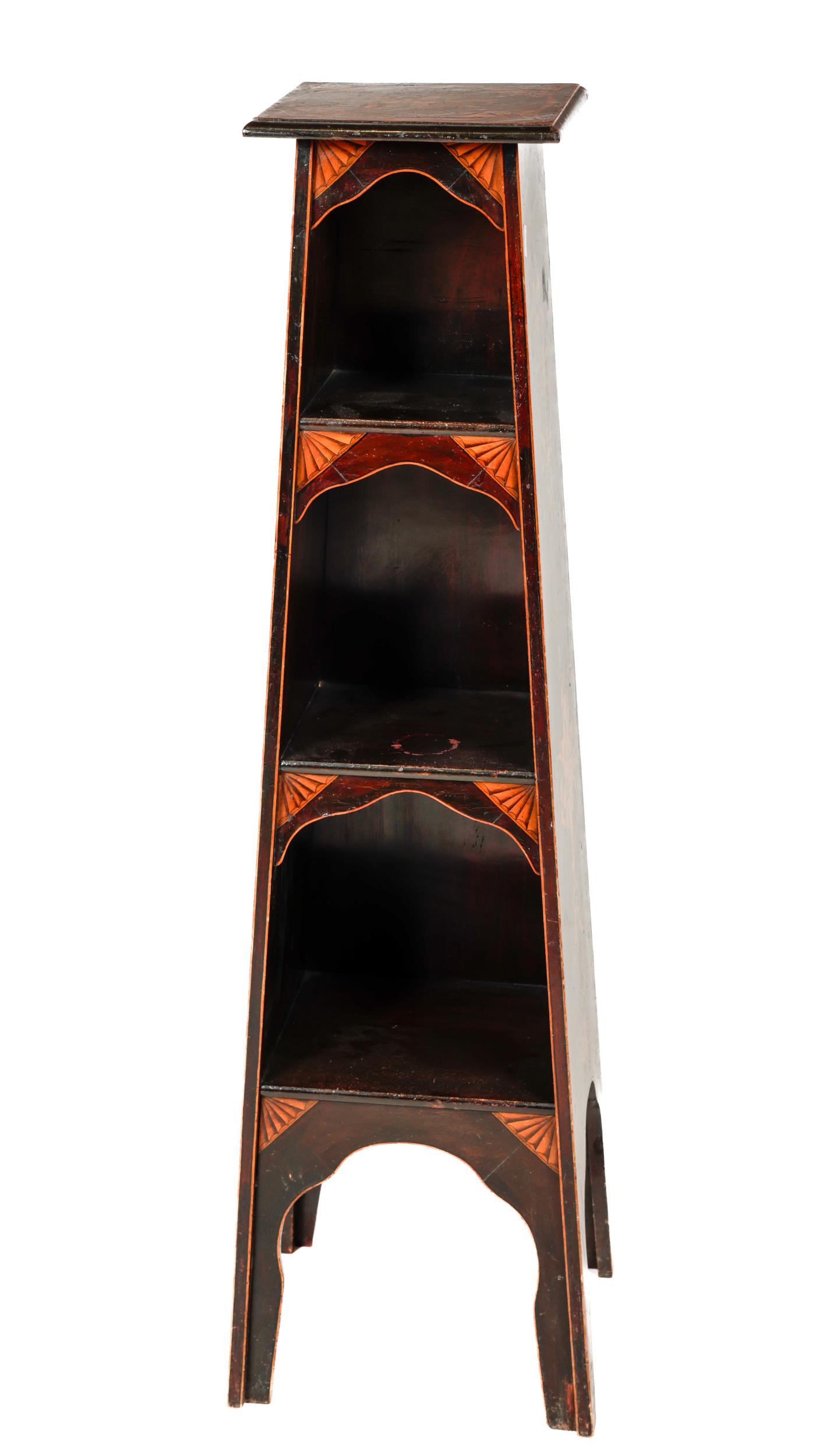 A three tier graduating inlaid Plinth, decorated in the Art Nouveau style, with three shelves and