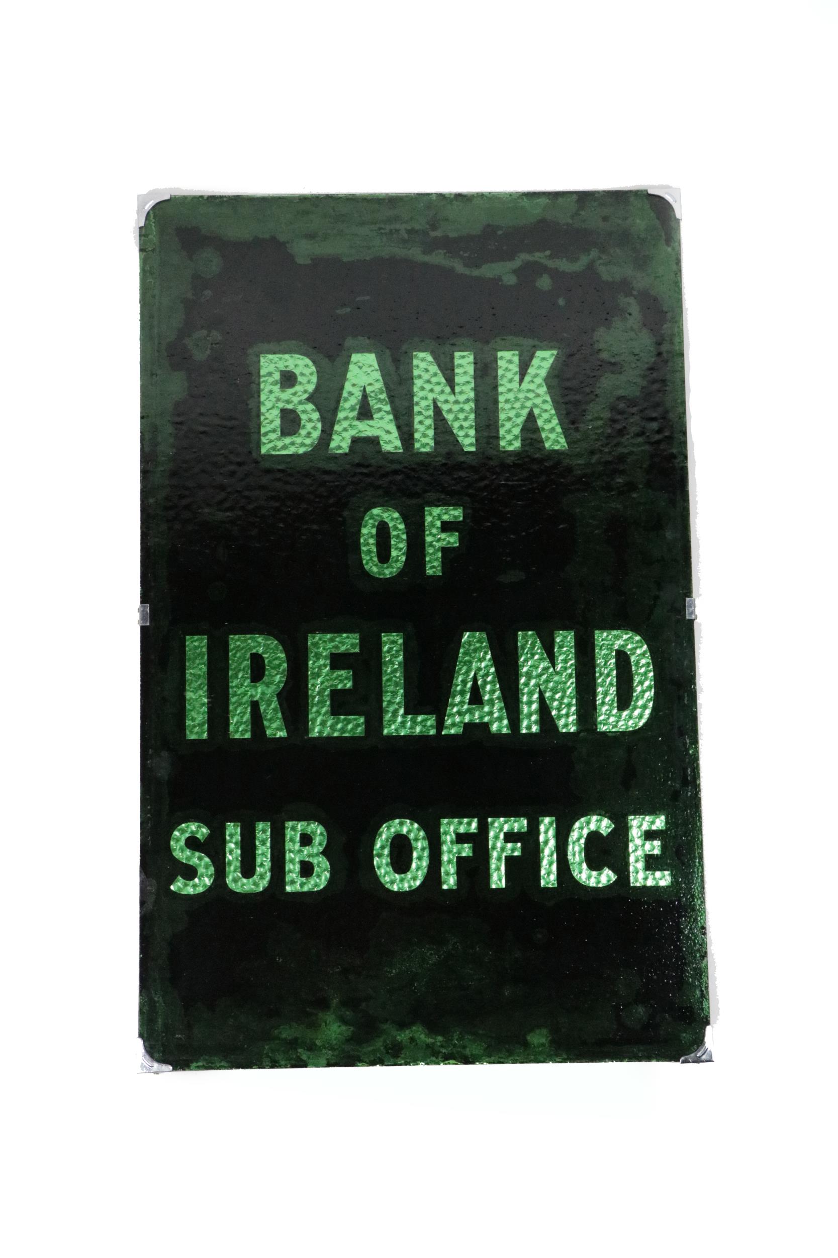 A Bank of Ireland Sub Office Door Panel, etched glass, approx. 87cms x 55cms (34" x 21 1/2"). (1)