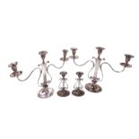 A pair of two branch lyre design three light Victorian silver plated Candlesticks, after George