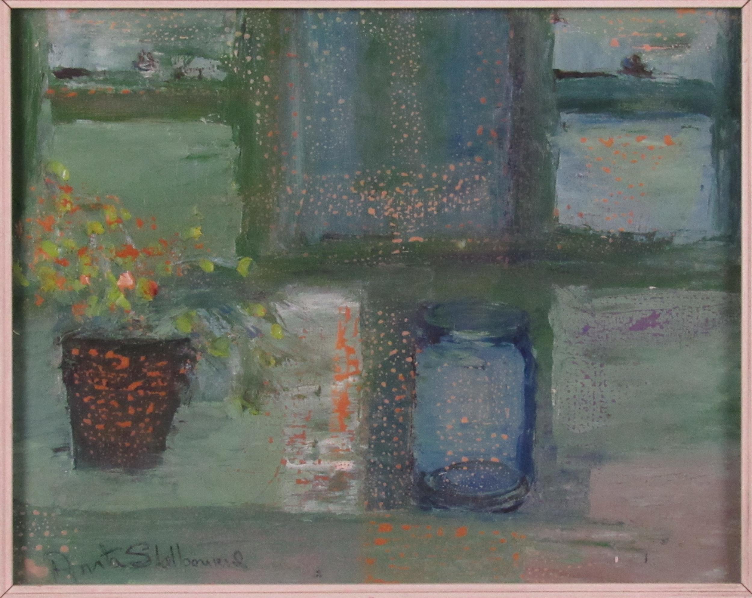 Anita Shelbourne, Irish (b. 1938) "Still Life, Flower Pot and Jar," O.O.B., approx. 19cms x 24cms (7