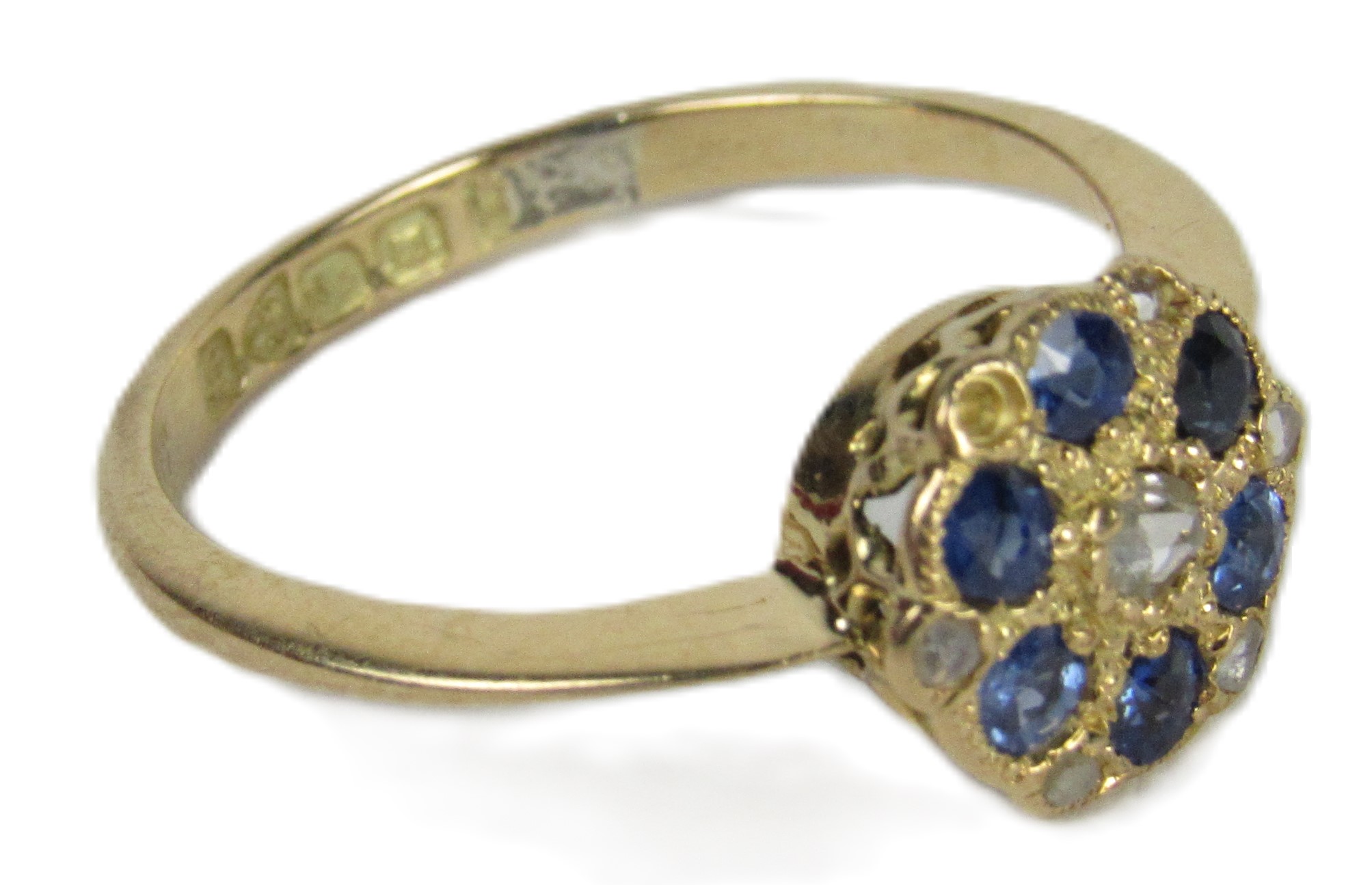 An 18ct gold Ladies cluster Ring, set with six 2.5mm round (.48ct) sapphires and six rosecut - Image 2 of 2
