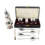 A cased silver Condiment Set, comprising salt, pepper, and mustard pot with two spoons,