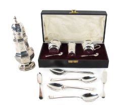 A cased silver Condiment Set, comprising salt, pepper, and mustard pot with two spoons,