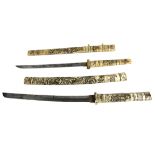 Militaria: Two similar 19th Century Japanese 'Tanto' - Wakizashi short Swords, each carved bone
