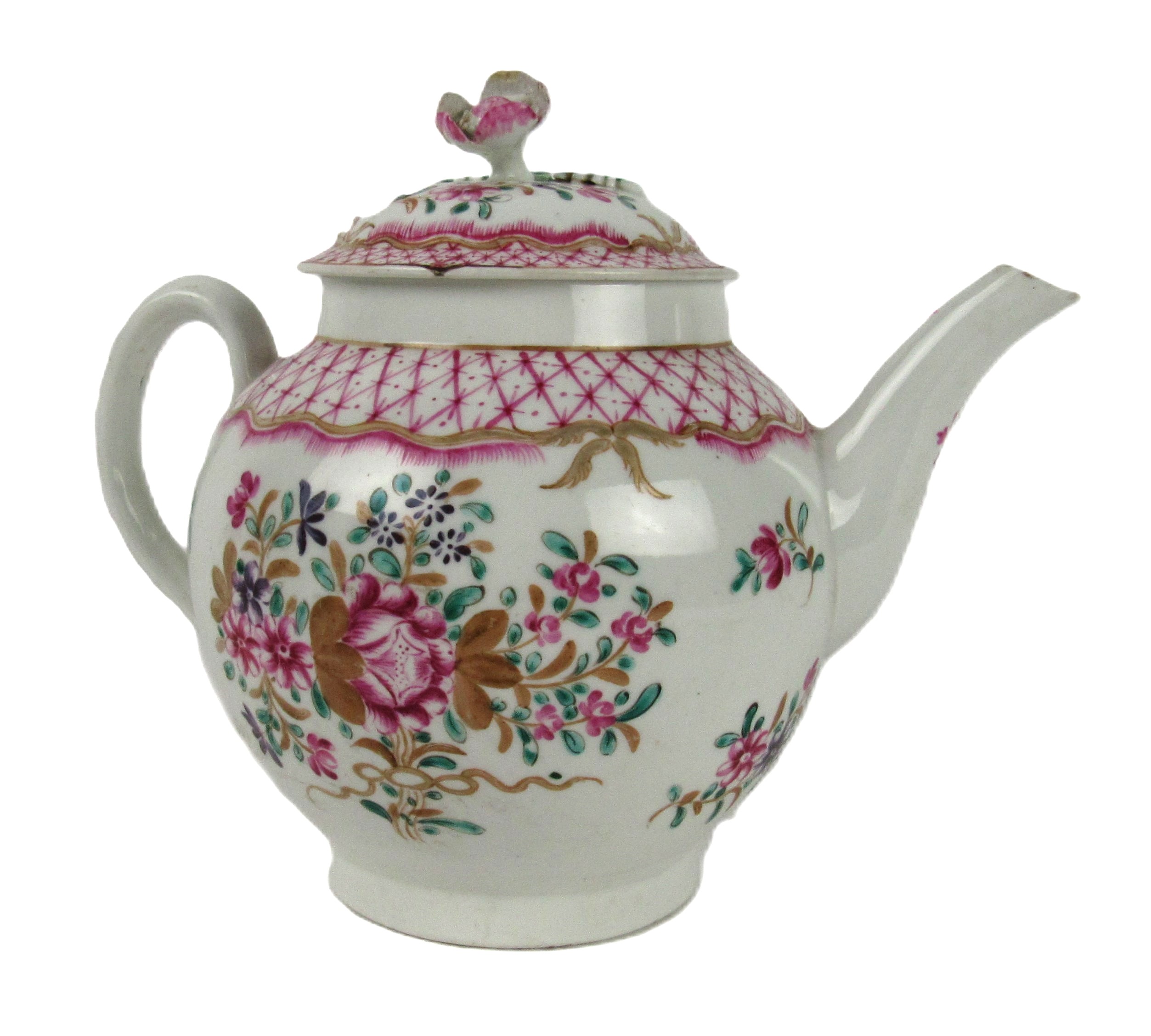 A rare large Lowestoft porcelain Teapot and lid, decorated with Rose-du-Barry and other flowers, and