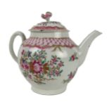 A rare large Lowestoft porcelain Teapot and lid, decorated with Rose-du-Barry and other flowers, and