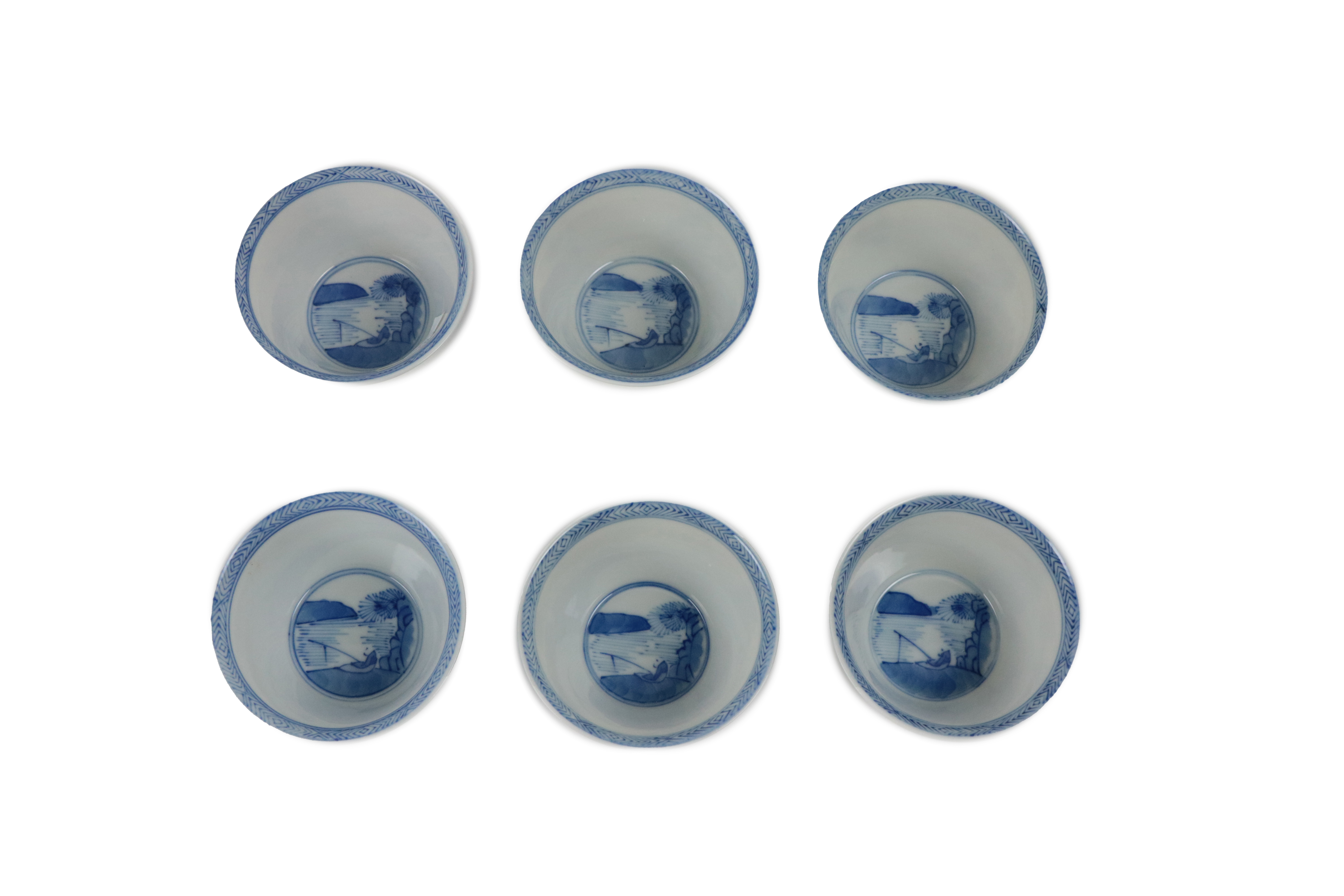 A set of 6 Chinese blue and white Tea Cups, each with landscape medallion interior, the exterior - Image 2 of 6
