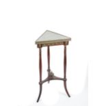 A French style triangular top marble inset and ormolu mounted Stand, on three reeded splayed legs,