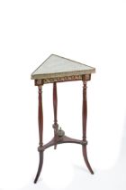 A French style triangular top marble inset and ormolu mounted Stand, on three reeded splayed legs,