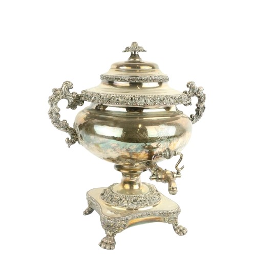 A good William IV period heavy silver plated and crested Tea Urn, with two ornate leaf cast handles, - Image 2 of 2