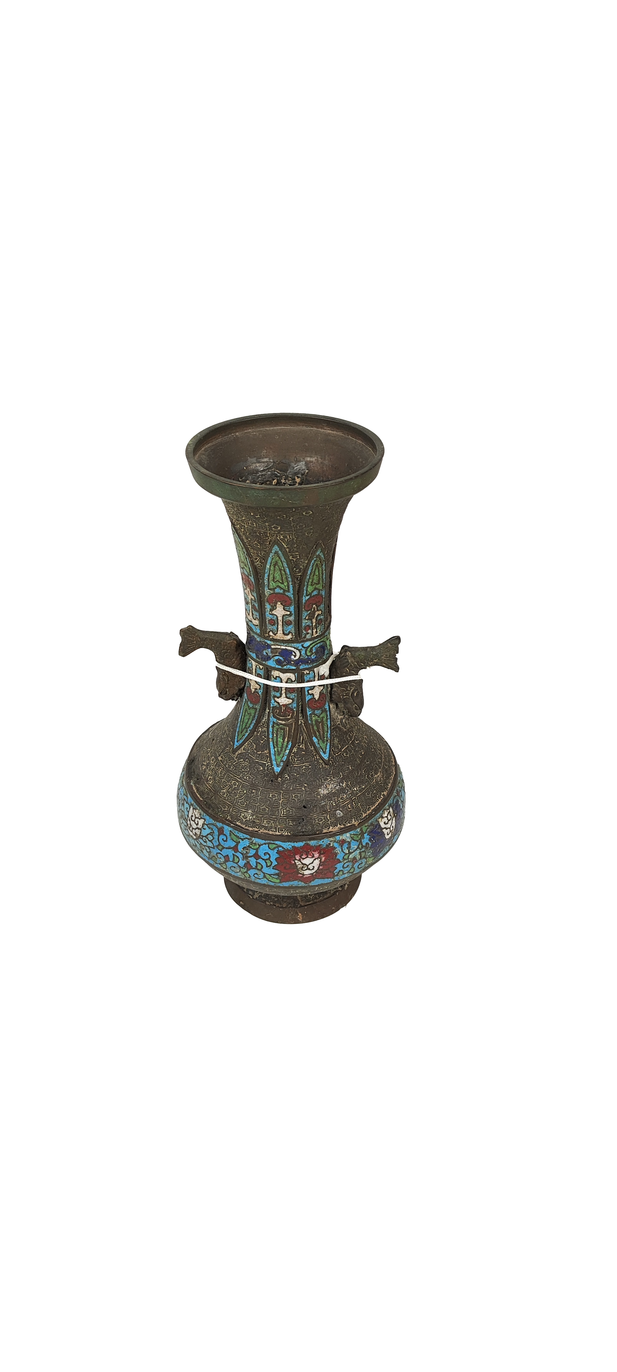 An early 'Archaic' type Chinese cloisonne two handled trumpet shaped Vase, with fish handles, on