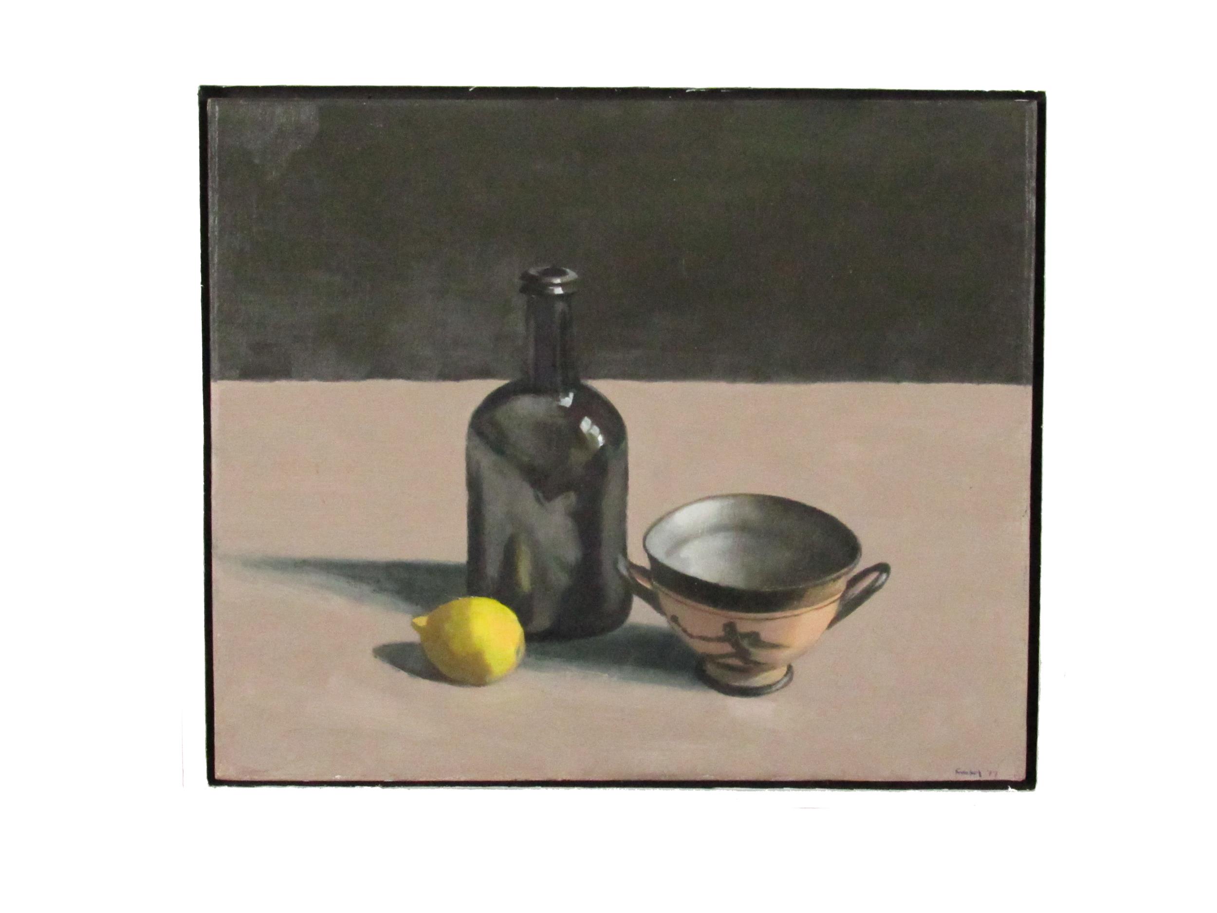 Conrad Franklin, Contemporary Irish XXIst "Still Life, Bottle, Bowl & Lemon," O.O.P., approx.