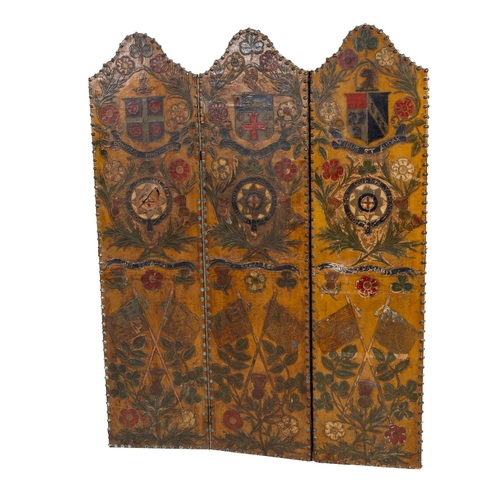A Triptych composed of leather over wooden boards. Each panel is decorated with: * National Emblems: