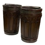 A pair of Georgian Gothic style mahogany oversized Peat Buckets, with twisted and hinged handles,
