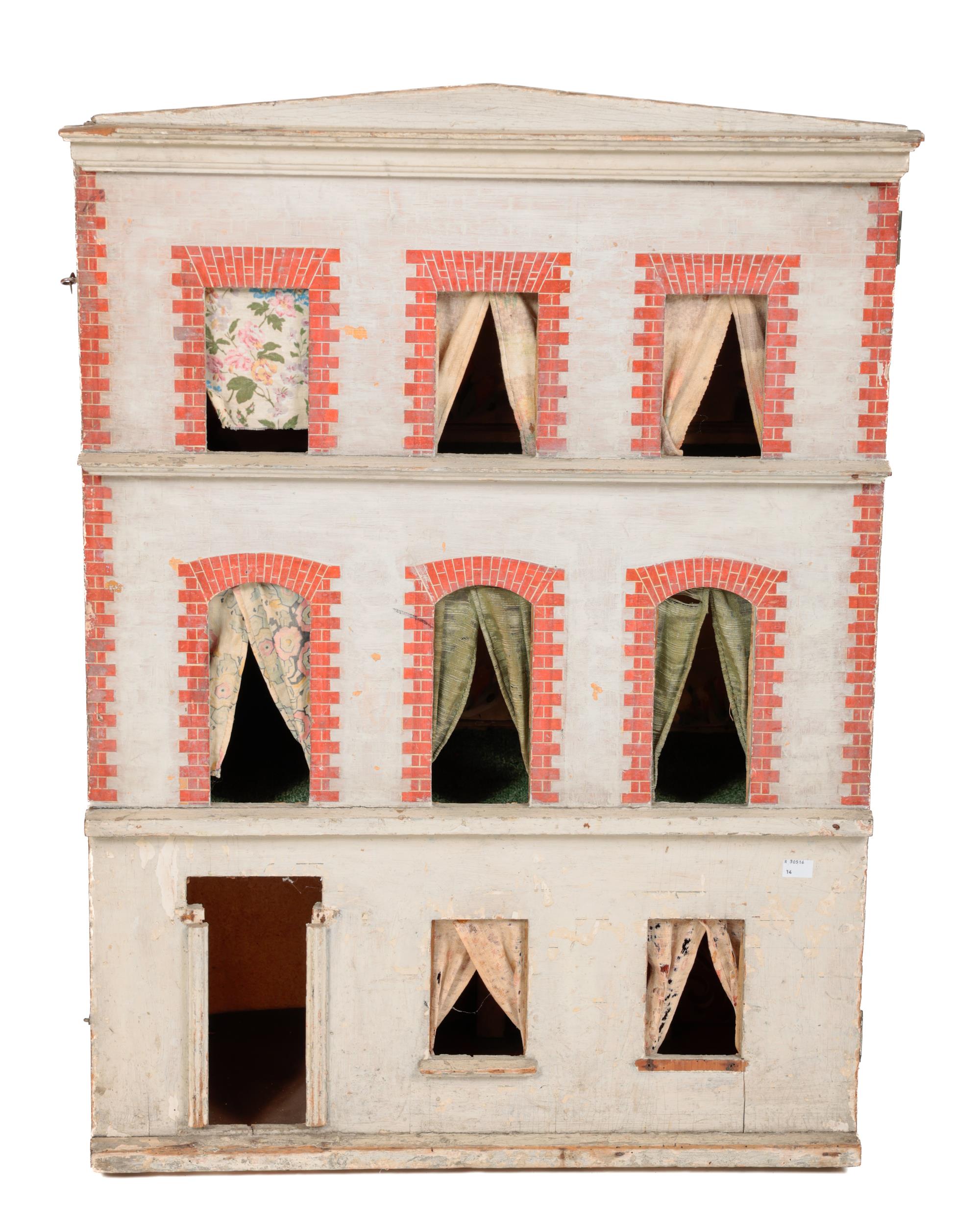 A 19th Century wooden Model of a Georgian three storey Town House, with red brick corner stones,