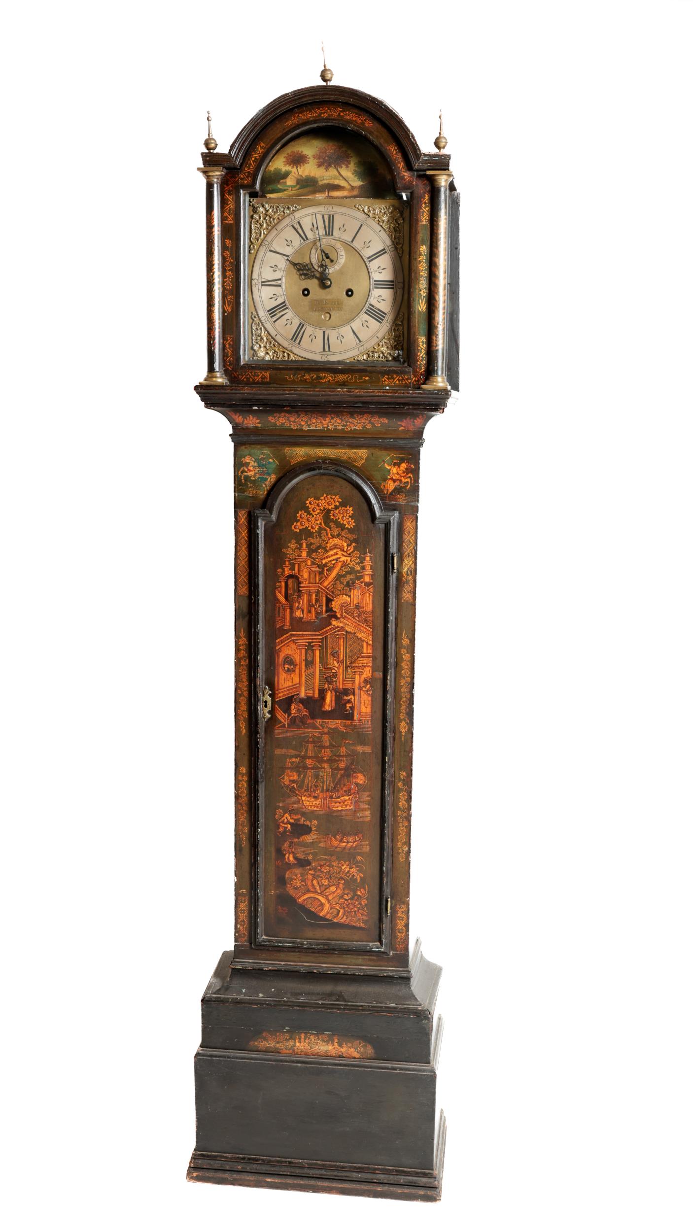 A fine quality 19th Century chinoiserie lacquered Longcase Clock, the hood of arched shape with