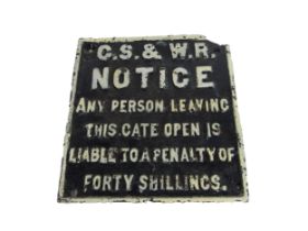 Railyawana:   A heavy cast iron Railway Sign 'G.S. & W.. Notice, Any Person Leaving this Gate Open