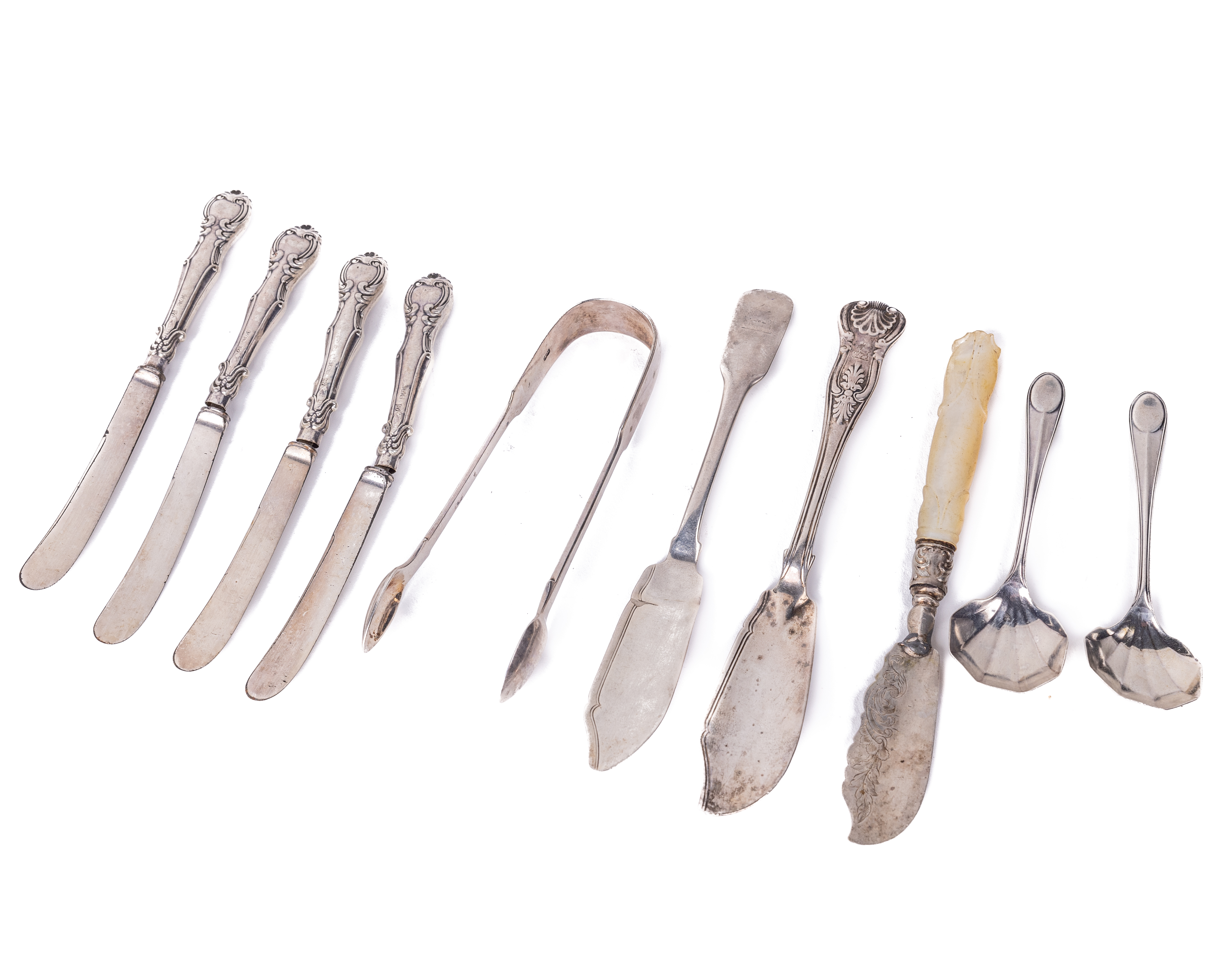 Silverware: A set of four Victorian silver embossed handled Butter Knives; a mother-o-pearl