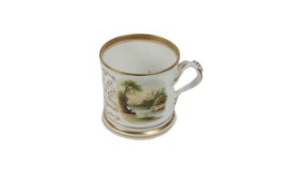 A large 19th Century porcelain Mug, with attractive hand painted lake scenes, and with gilt