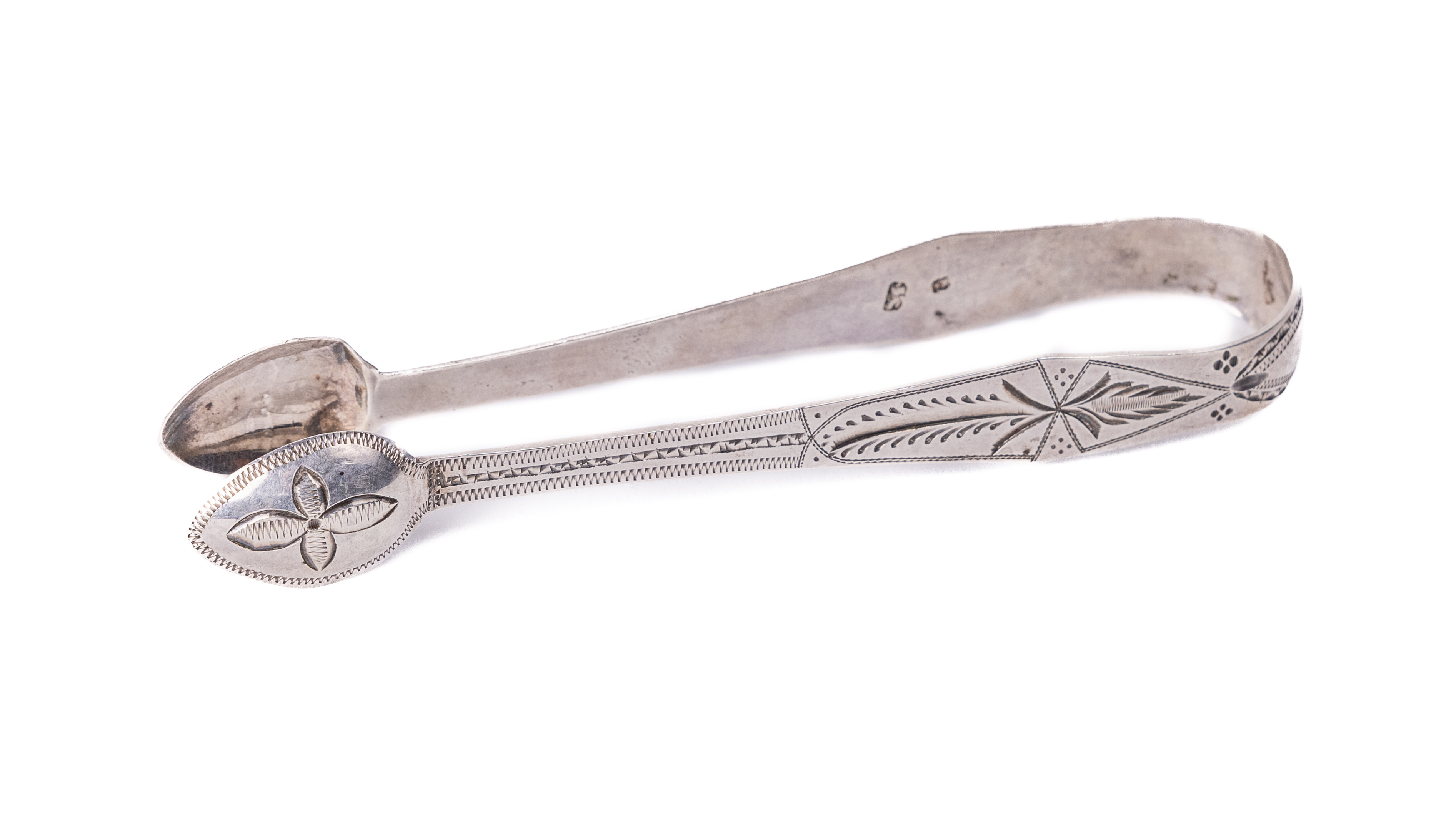 An early Irish Georgian silver Sugar Tongs, of bright cut design, by Robert Forbes, Dublin c.