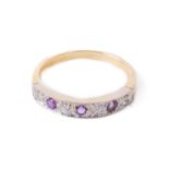 A Ladies 18ct gold Ring, set with three amethyst stones and four .06ct diamonds, size Q1/2,