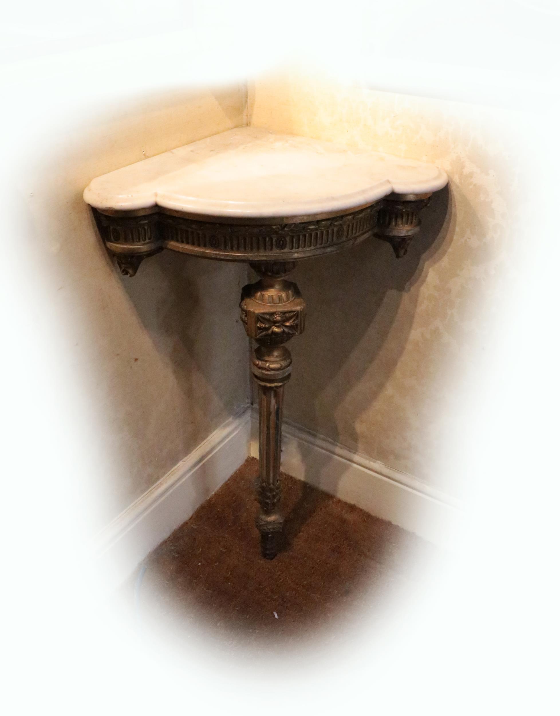 A pair of 19th Century English giltwood Corner Console Tables, each with moulded shaped white marble - Image 2 of 2