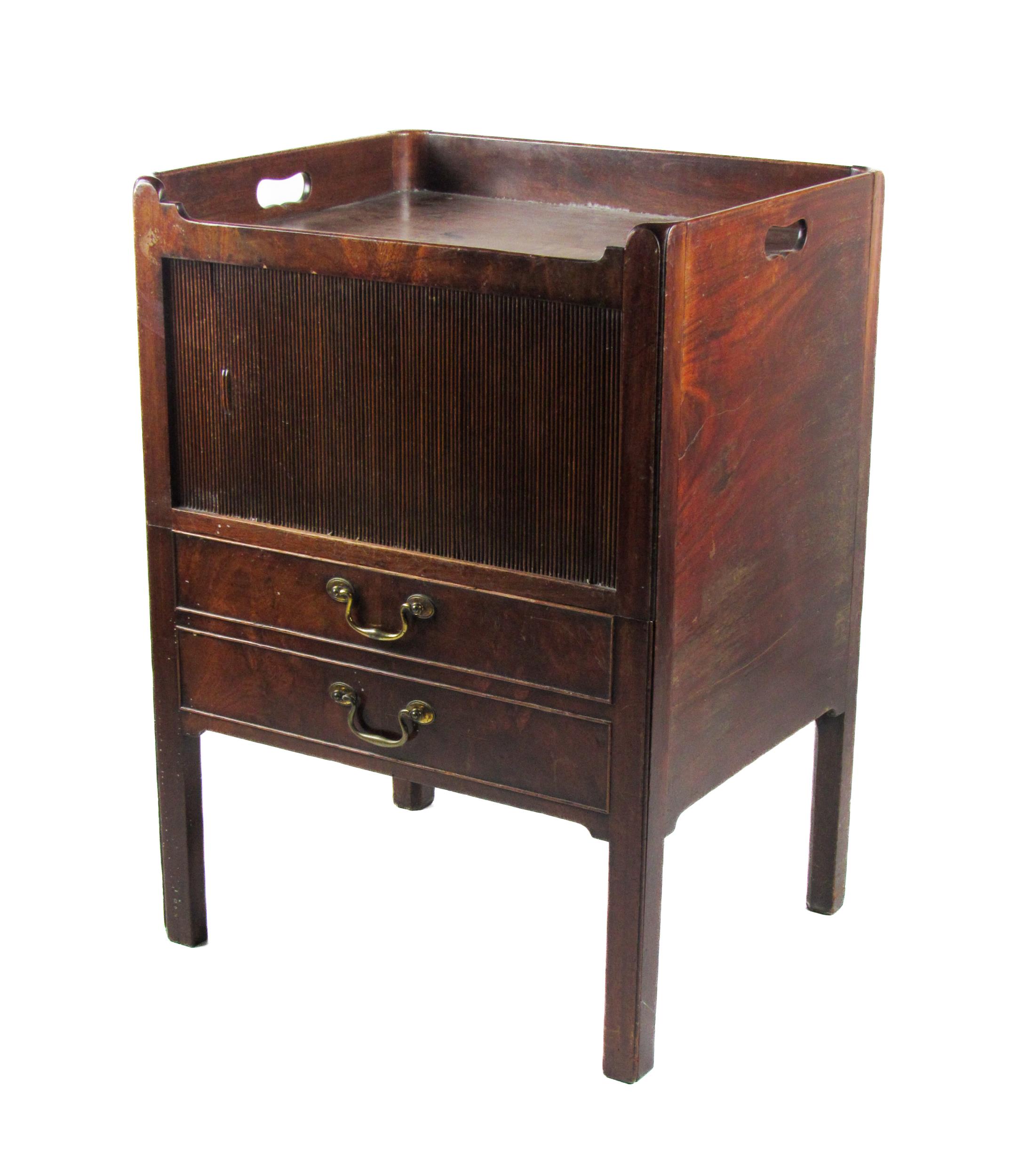 A good Georgian period mahogany Tray Top Bedside Commode, with tambour front opening over two mock