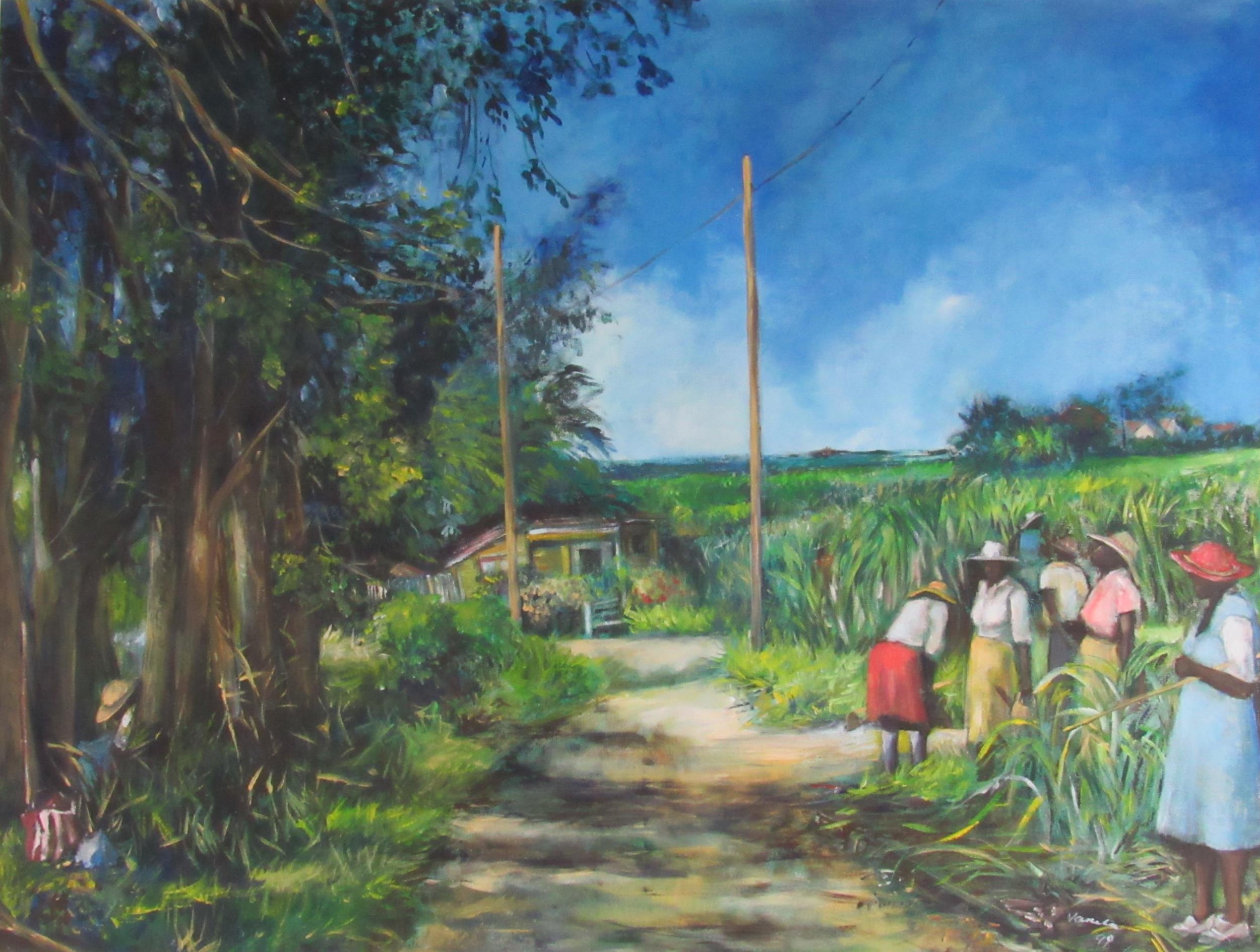 Vanita Comissiong, Barbados School (b. 1962) "The Harvest," O.O.C, extensive landscape with