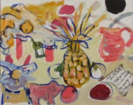 Elizabeth Cope, Irish (b. 1952) "Pink Pineapple and Pink Jug," O.O.C., approx. 40cms x 50cms (16"