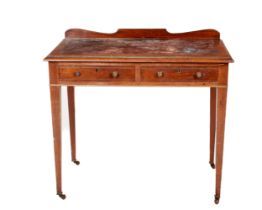 A 19th Century Ladies mahogany Writing Table, with shaped back, leather inset top over frieze