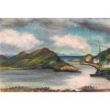 Sine MacKinnon, Irish (1901-1996) "Irish Coastal View," oils on paper, Coastal Scene with boat and