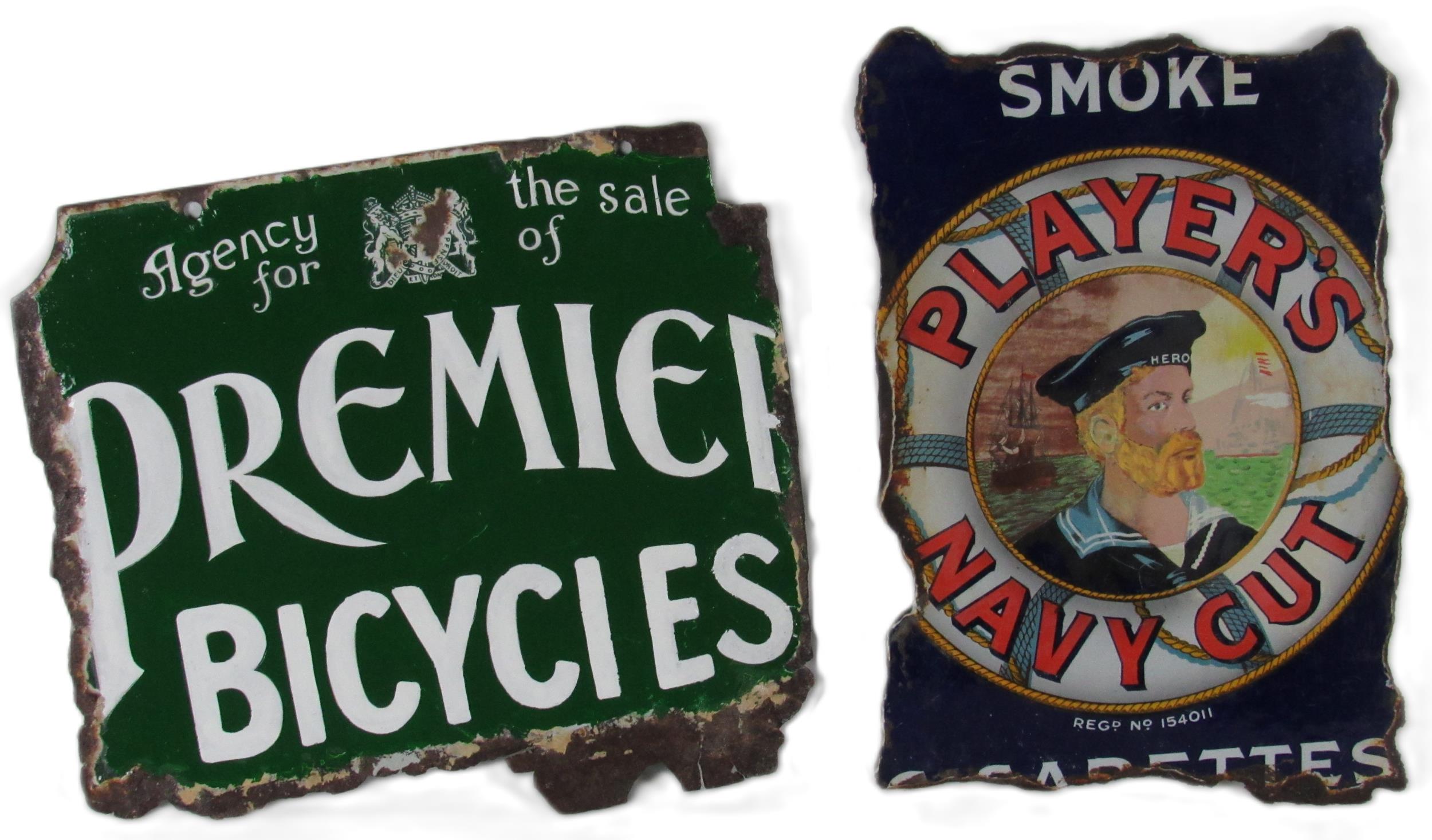 Advertisements: An original enamel and metal double sided Smoke Players Navy Cut Tobacco, with