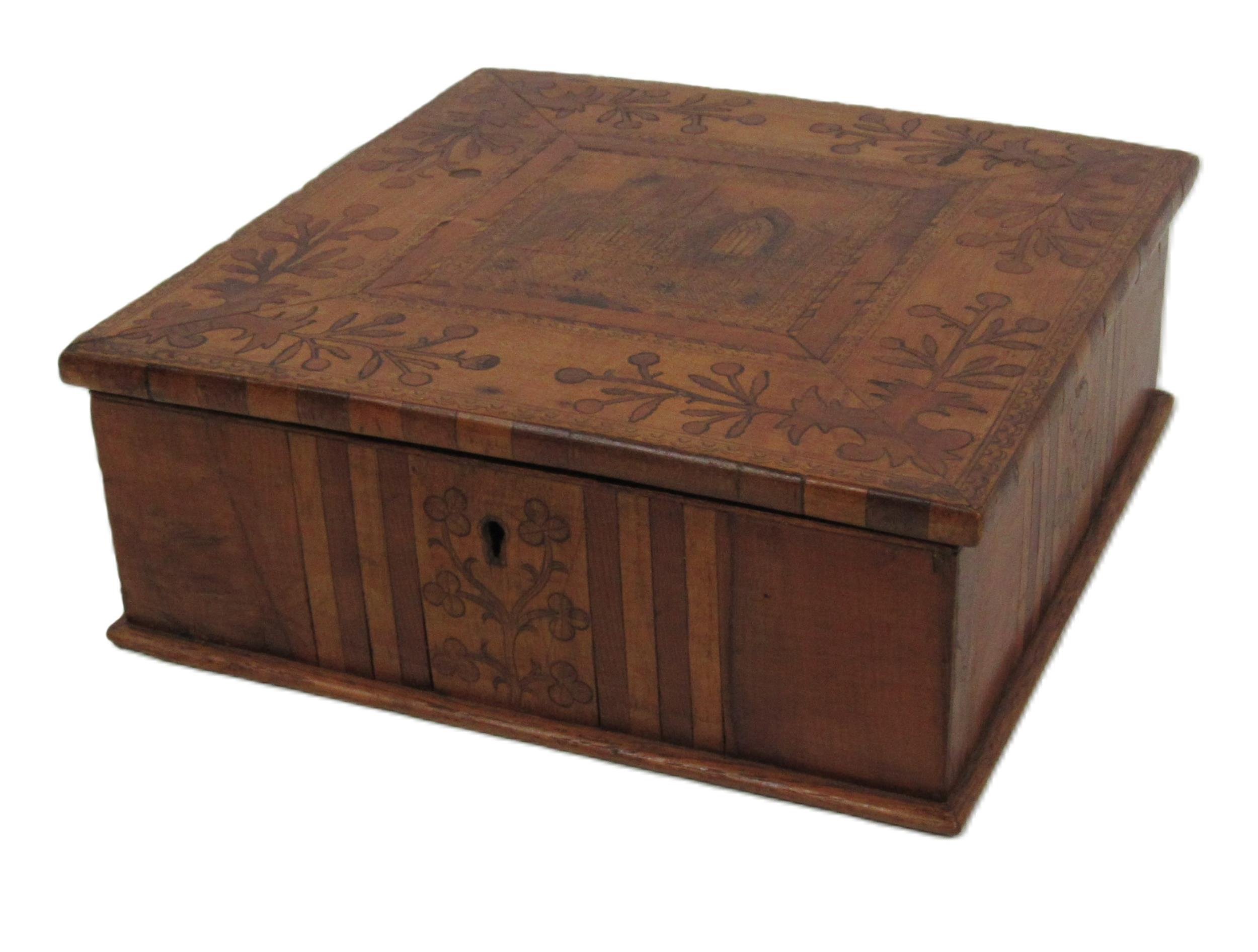 An attractive 19th Century Irish 'Killarney Wood' square marquetry Box, with hinged lid the top