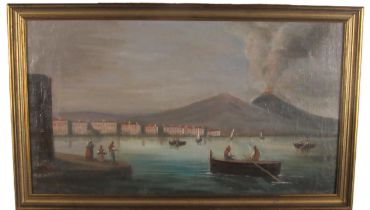 19th Century Continental School "Vesuvius Erupting," O.O.C., (laid down) busy Coastal Scene, with