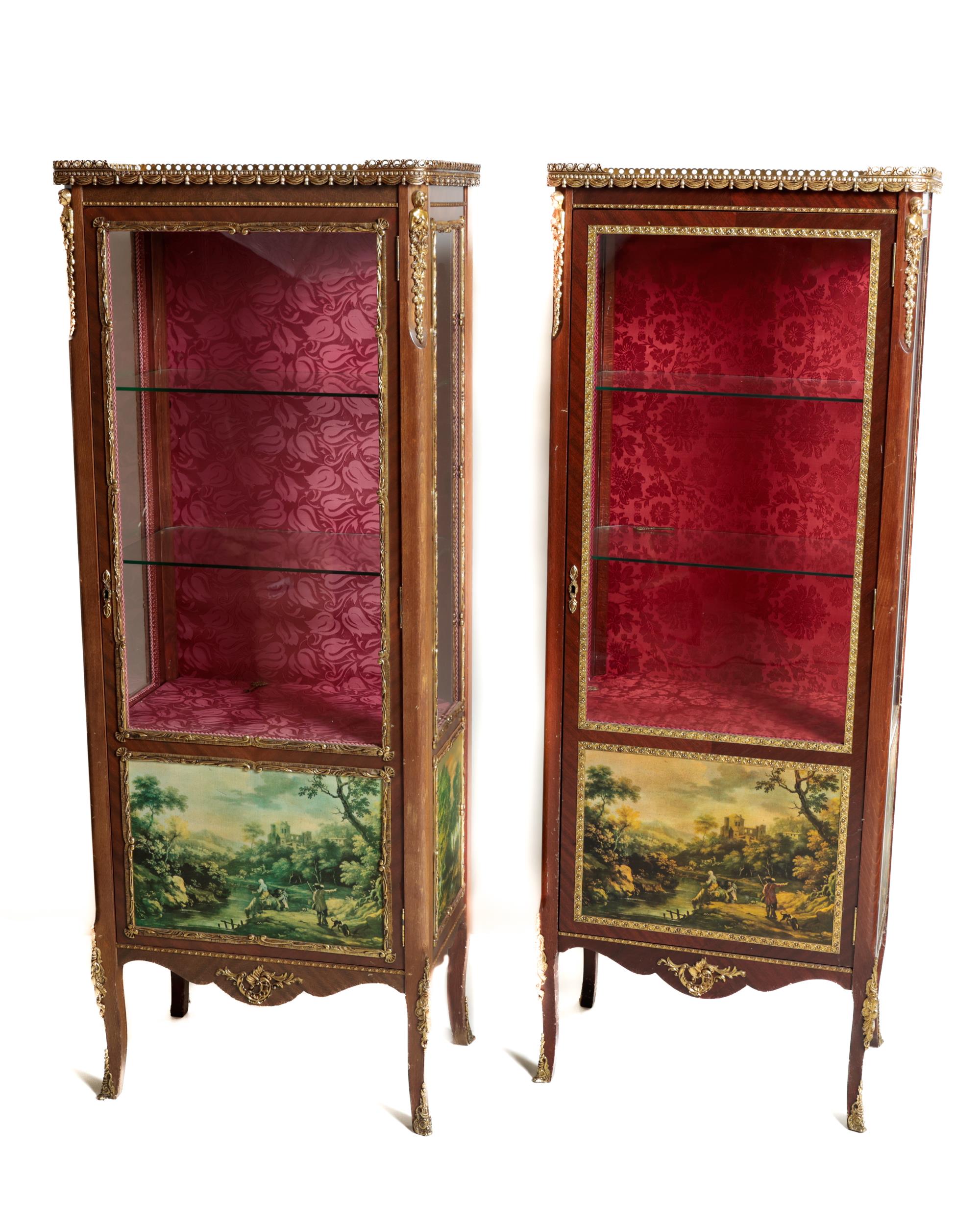 A pair of Louis XVI style Vitrines, the top with half pierced gallery over glazed panel door and