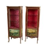A pair of Louis XVI style Vitrines, the top with half pierced gallery over glazed panel door and
