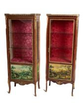 A pair of Louis XVI style Vitrines, the top with half pierced gallery over glazed panel door and