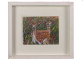 Patrick Brocklebank, Irish 20th Century "Deer amongst the Bushes," oils on paper, approx. 14cms x