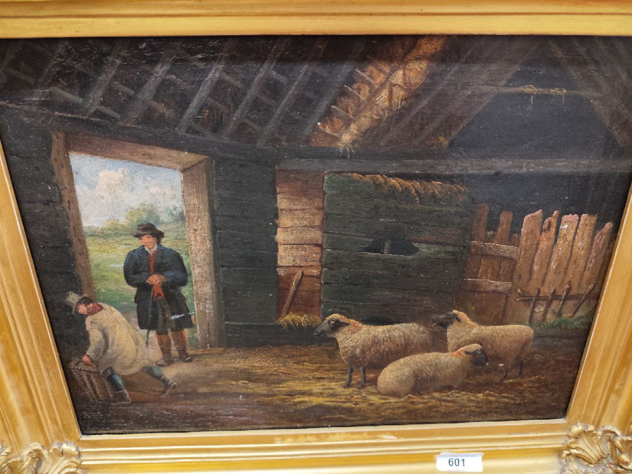 George Morland, British (1763-1804) "Stable Scene with Farm Manager and Helper tending to Sheep," - Image 3 of 5