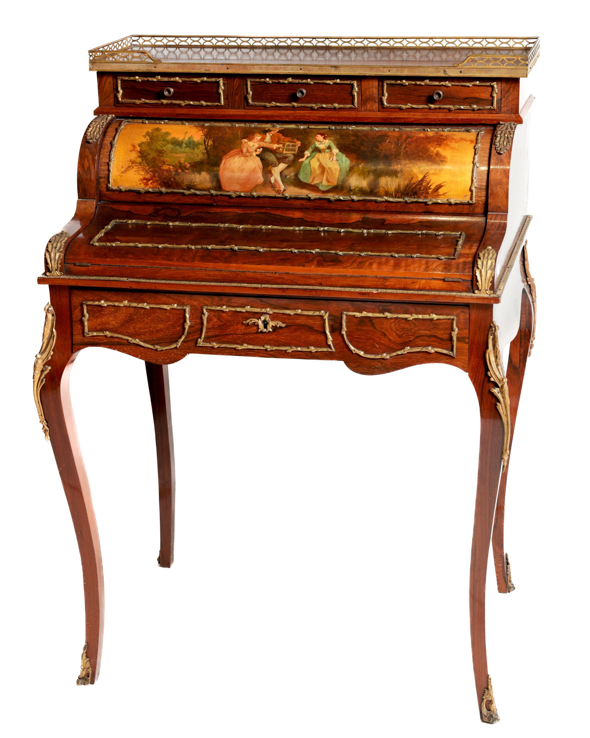 A fine quality Ladies rosewood Bureau, the plain top with pierced brass gallery over three frieze