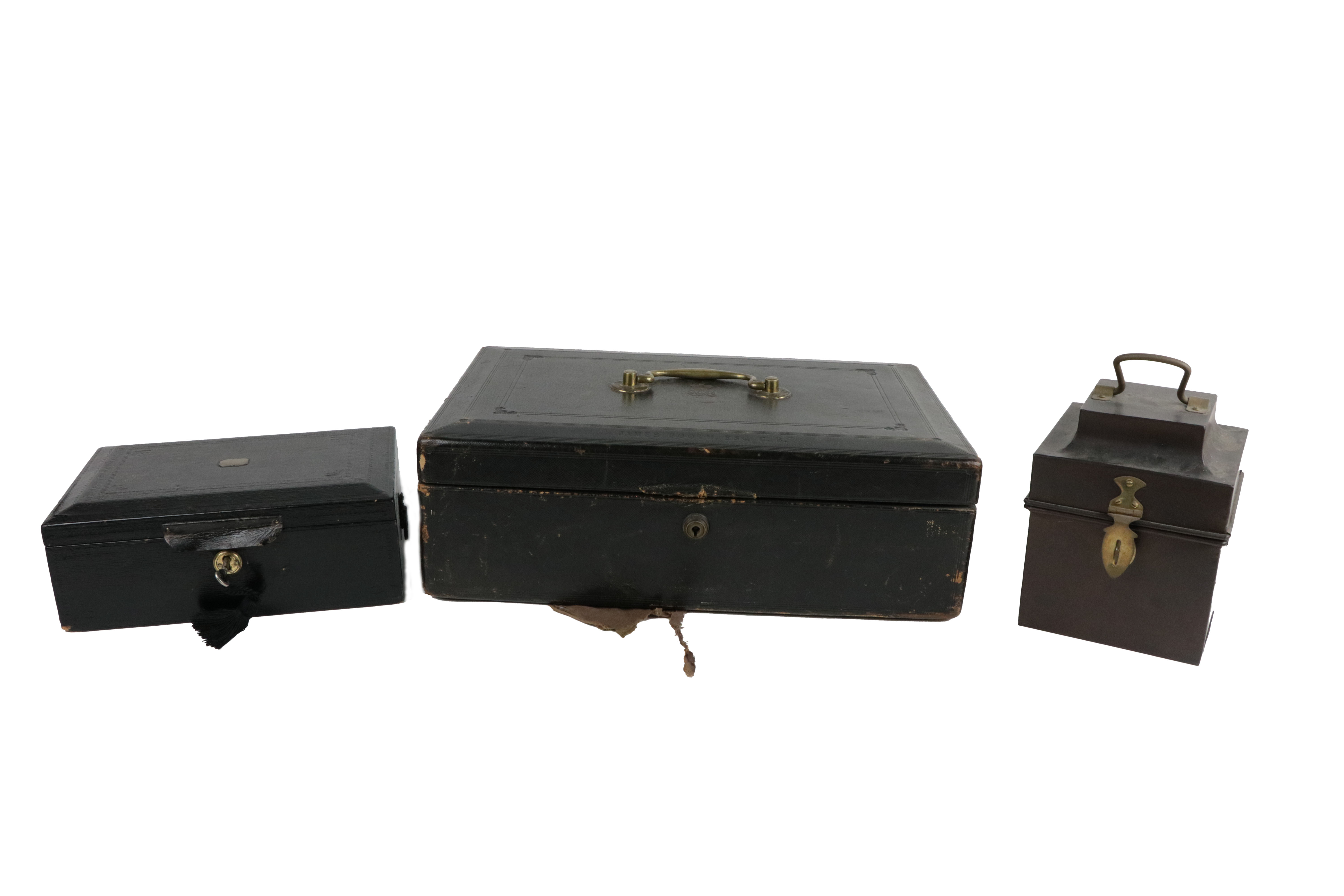 A large rectangular early 19th Century leather Deed Box, inscribed 'James Booth, Esq., C.B.,' and