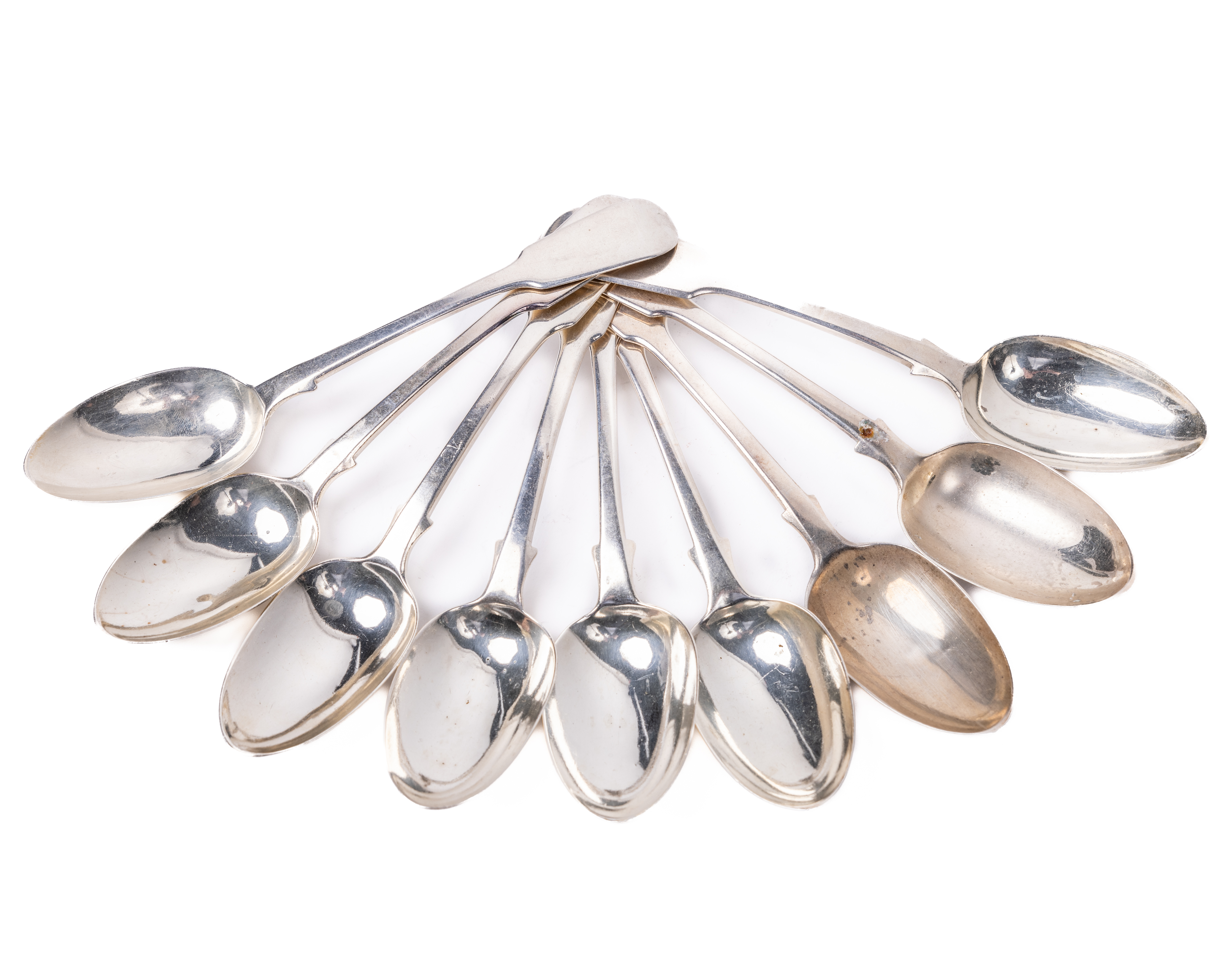 A set of 9 English silver Victorian Dessert Spoons, by George Aldwinckle, London, c. 1853, approx.